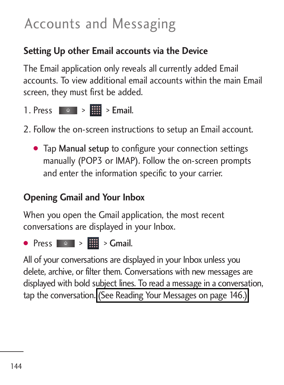 Accounts and messaging | LG LGL45C User Manual | Page 146 / 546