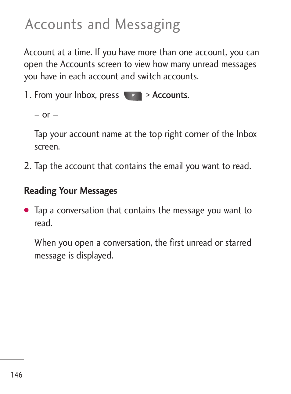 Accounts and messaging | LG LGL45C User Manual | Page 148 / 546