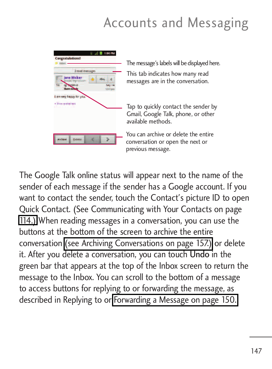 Accounts and messaging | LG LGL45C User Manual | Page 149 / 546