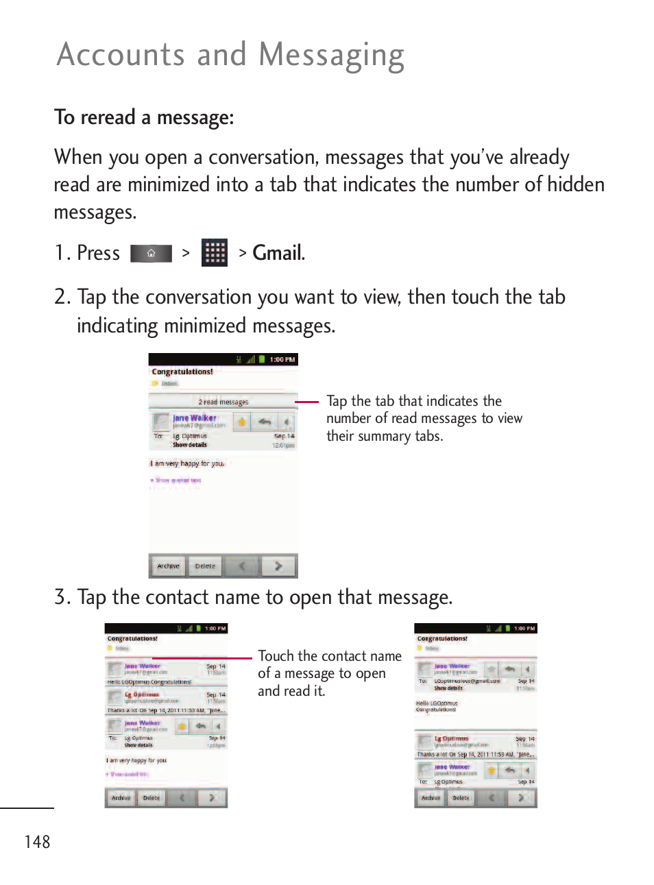 Accounts and messaging | LG LGL45C User Manual | Page 150 / 546