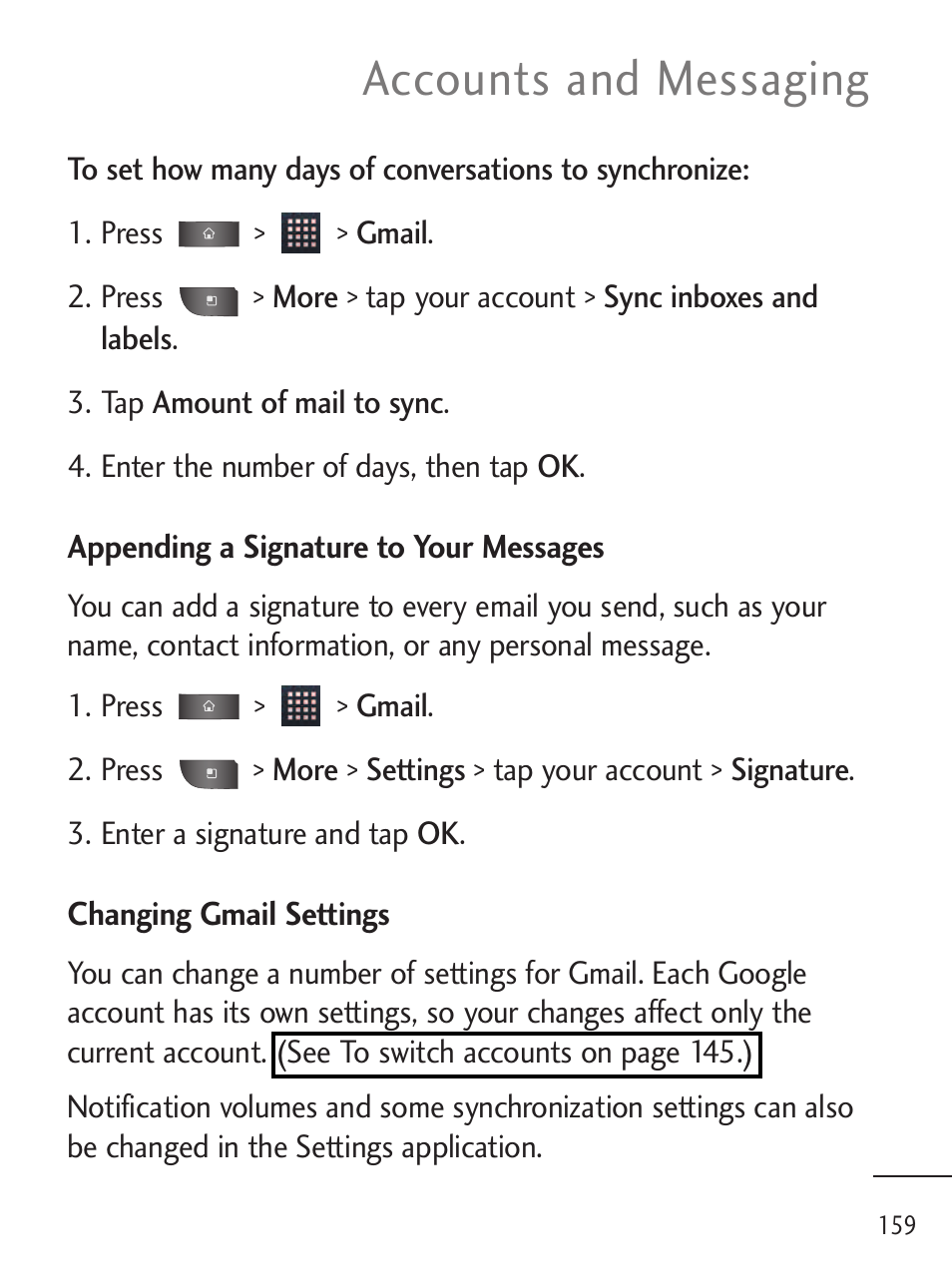 Accounts and messaging | LG LGL45C User Manual | Page 161 / 546