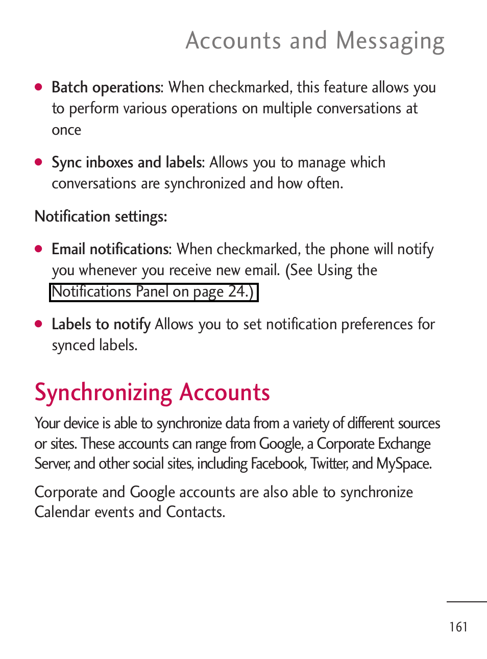 Synchronizing accounts, Synchronizing accounts 161, Accounts and messaging | LG LGL45C User Manual | Page 163 / 546