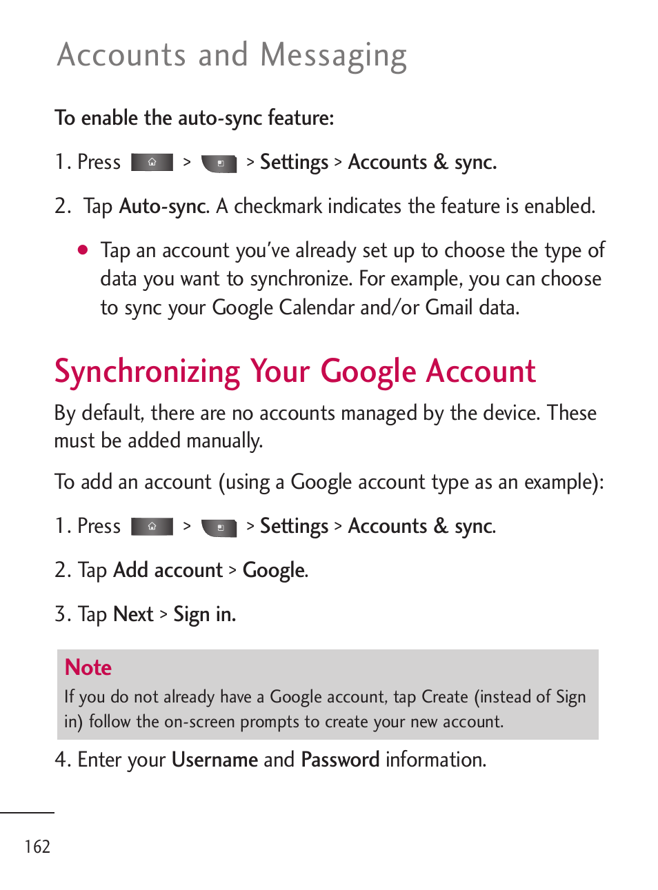 Synchronizing your google a, Synchronizing your google account, Accounts and messaging | LG LGL45C User Manual | Page 164 / 546