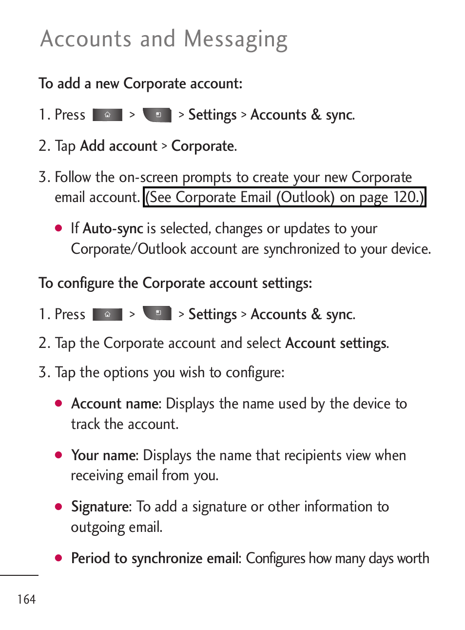 Accounts and messaging | LG LGL45C User Manual | Page 166 / 546