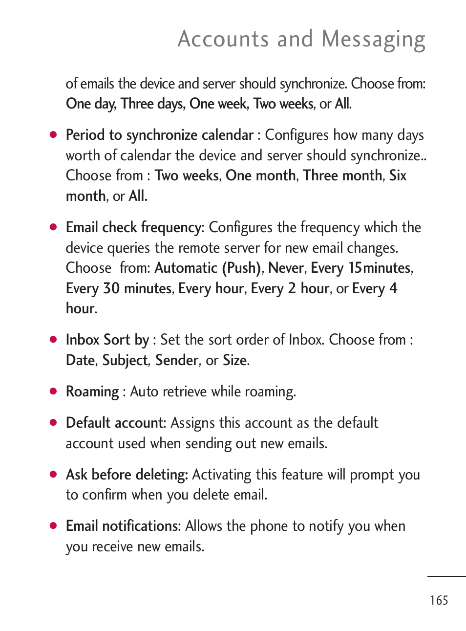 Accounts and messaging | LG LGL45C User Manual | Page 167 / 546