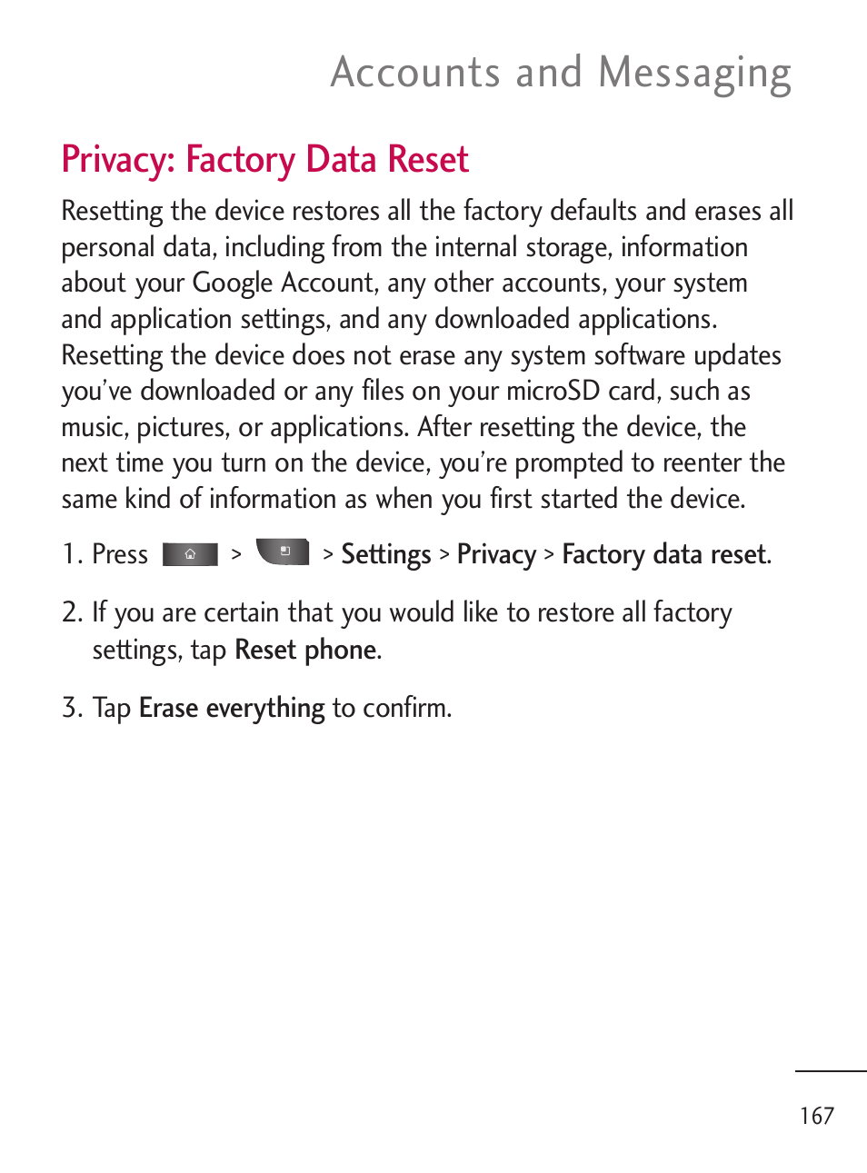 Accounts and messaging, Privacy: factory data reset | LG LGL45C User Manual | Page 169 / 546