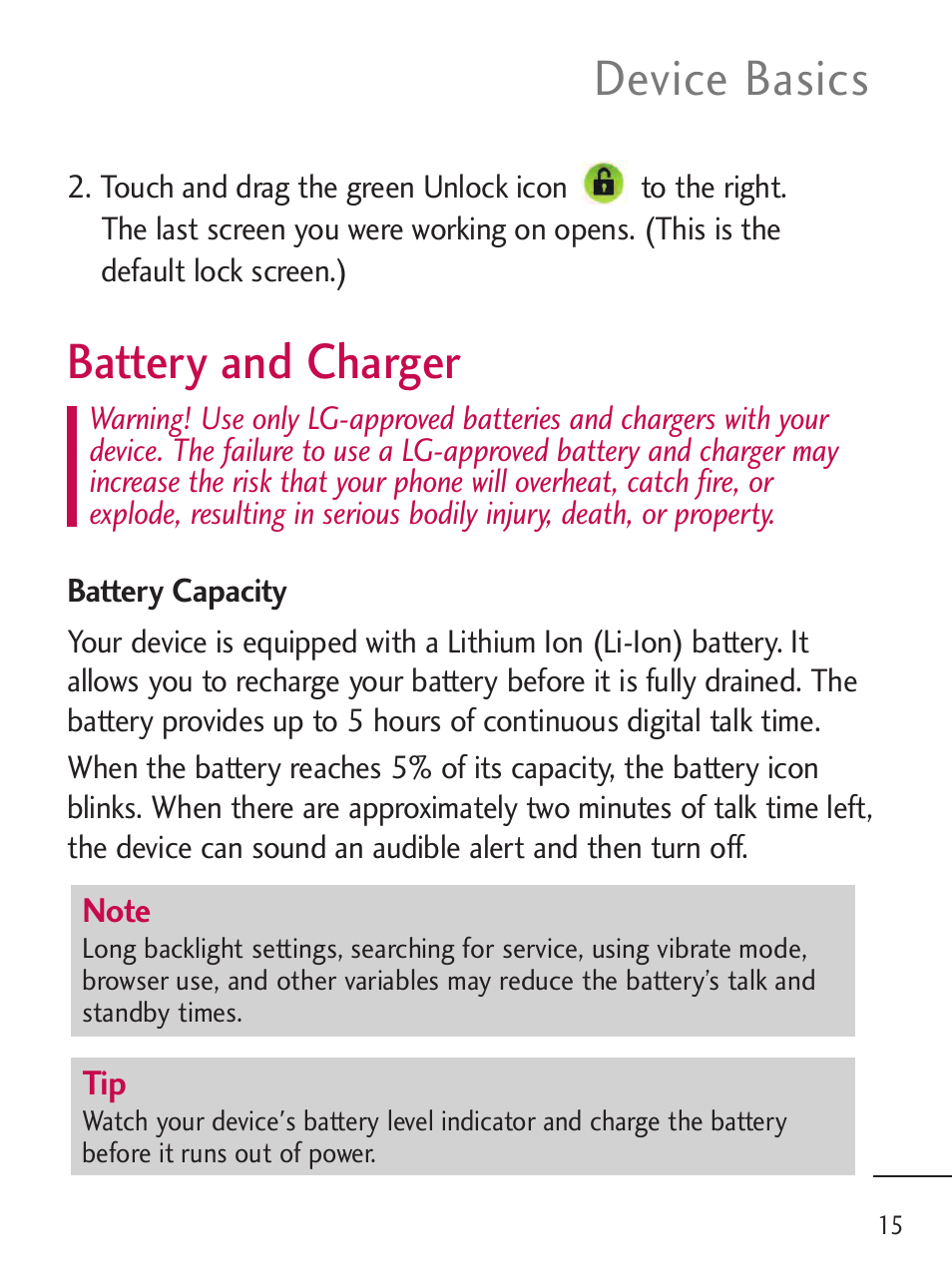 Battery and charger, Device basics | LG LGL45C User Manual | Page 17 / 546