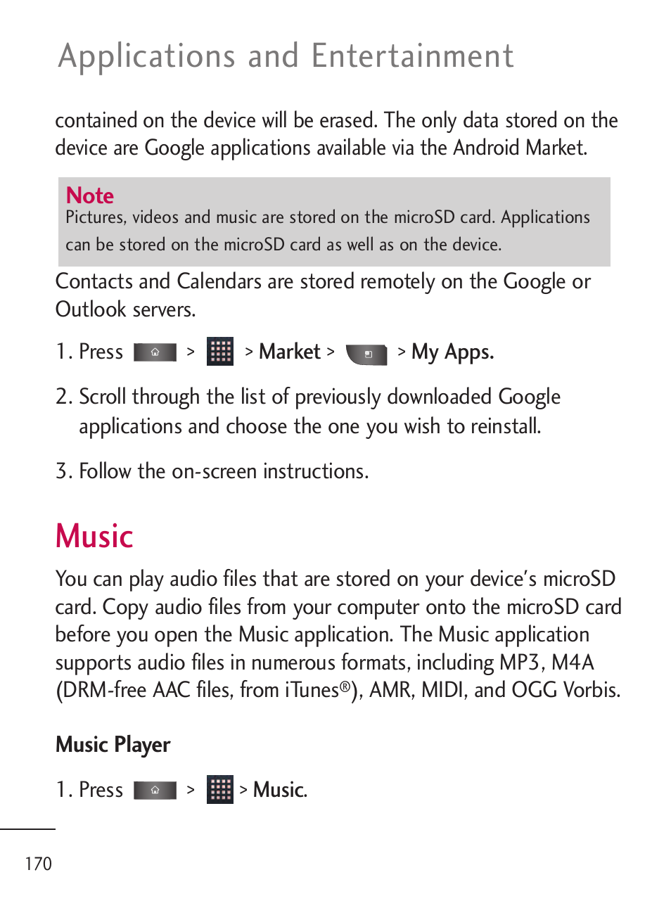 Music, Applications and entertainment | LG LGL45C User Manual | Page 172 / 546