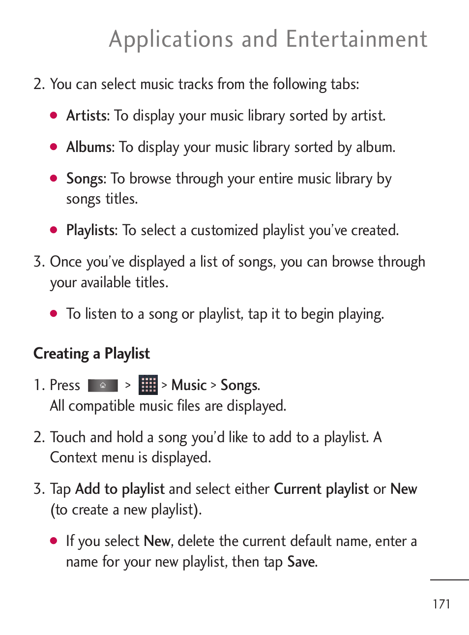 Applications and entertainment | LG LGL45C User Manual | Page 173 / 546