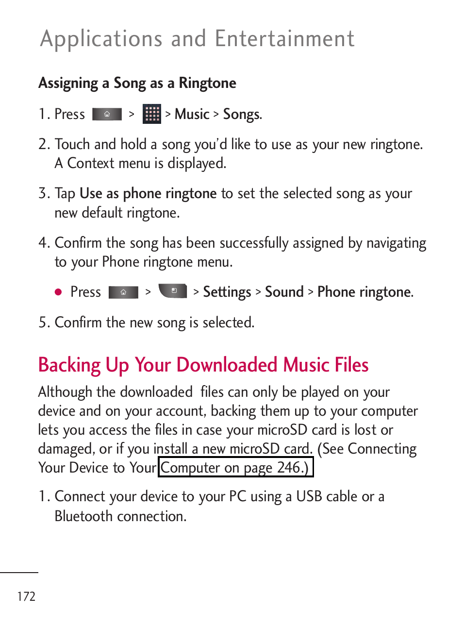 Applications and entertainment, Backing up your downloaded music files | LG LGL45C User Manual | Page 174 / 546