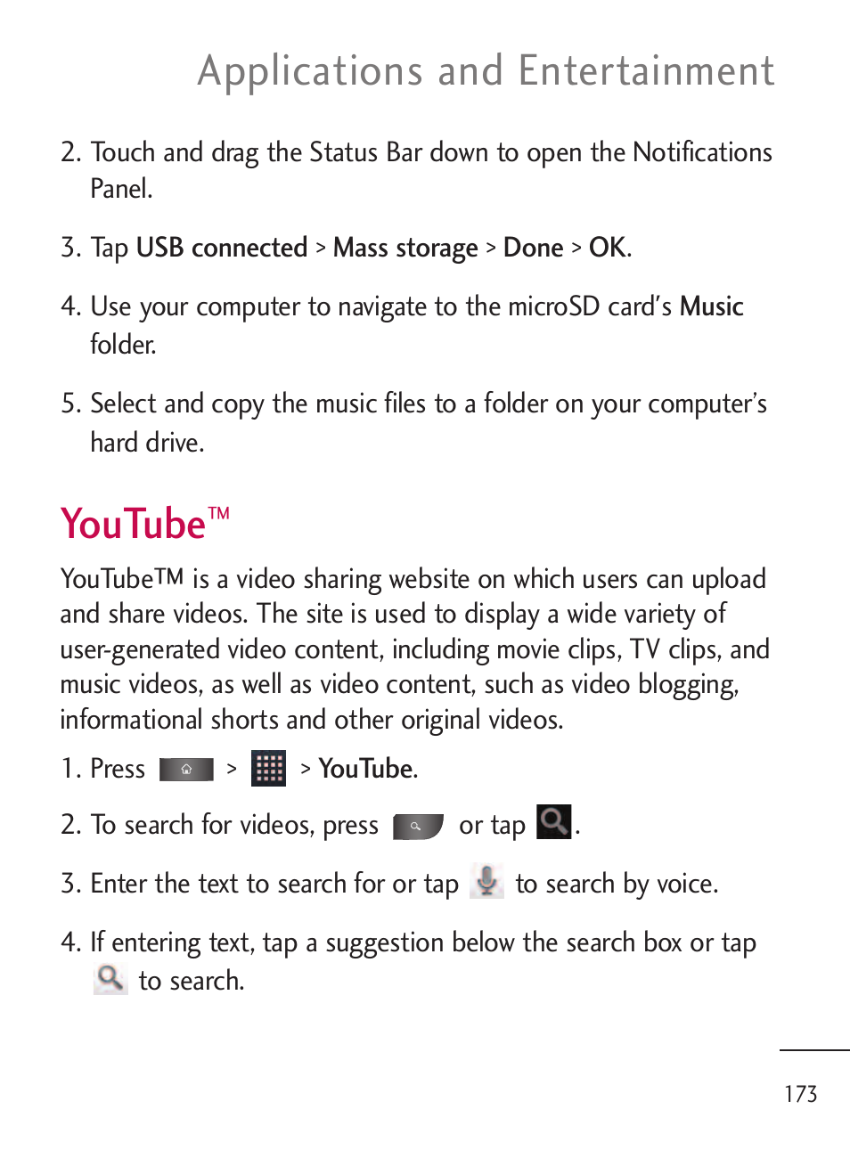 Youtube, Applications and entertainment | LG LGL45C User Manual | Page 175 / 546