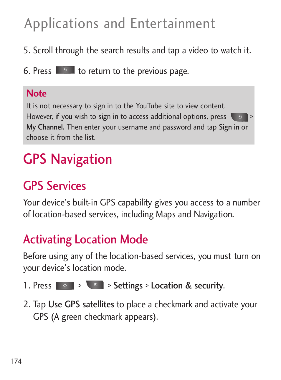 Gps navigation, Applications and entertainment, Gps services | Activating location mode | LG LGL45C User Manual | Page 176 / 546