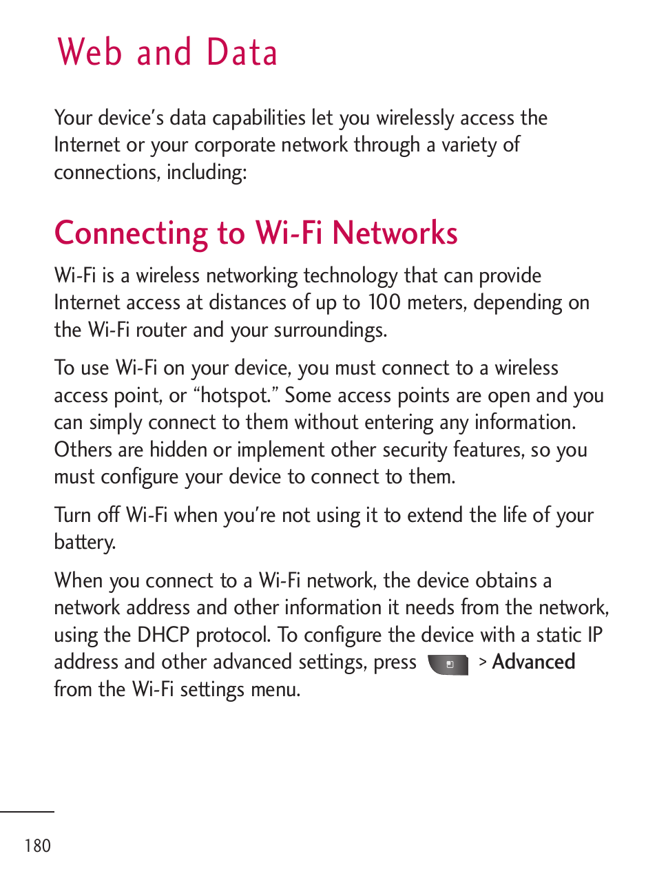 Web and data, Connecting to wi-fi networks, Connecting to wi-fi networks | LG LGL45C User Manual | Page 182 / 546