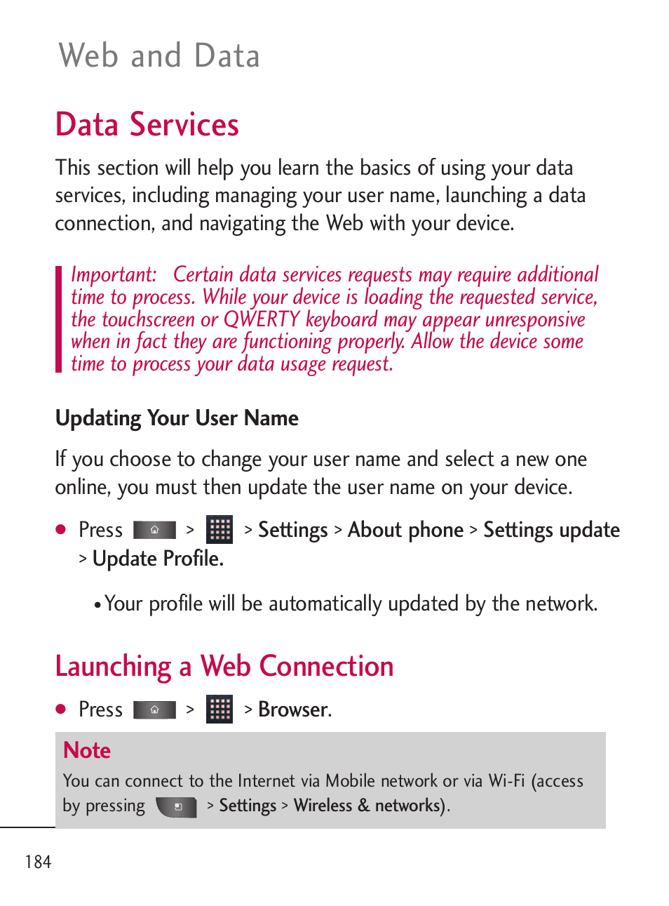 Data services, Web and data, Launching a web connection | LG LGL45C User Manual | Page 186 / 546