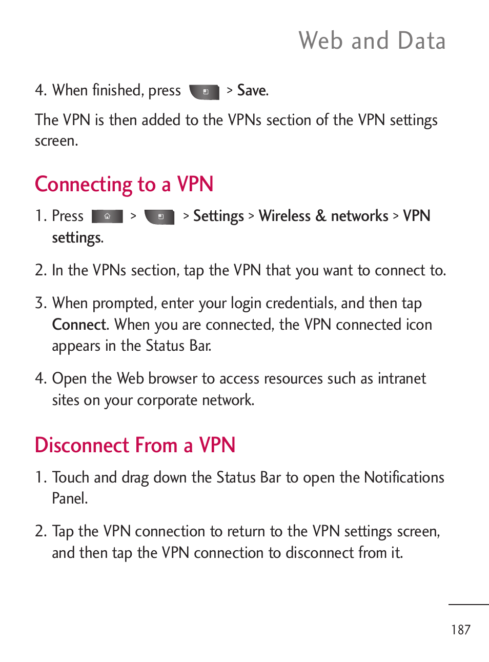 Web and data, Connecting to a vpn, Disconnect from a vpn | LG LGL45C User Manual | Page 189 / 546