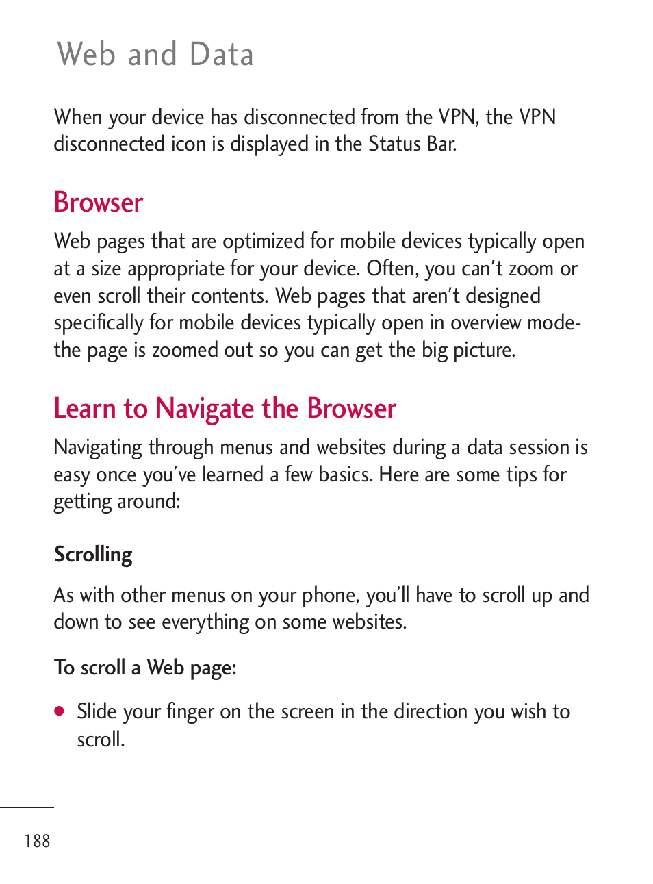 Web and data, Browser, Learn to navigate the browser | LG LGL45C User Manual | Page 190 / 546