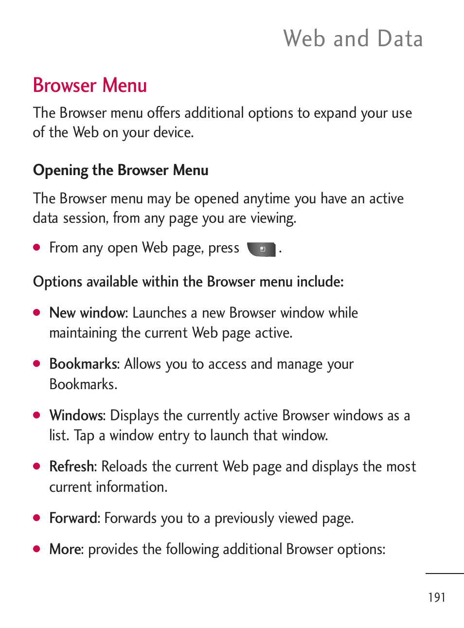 Web and data, Browser menu | LG LGL45C User Manual | Page 193 / 546