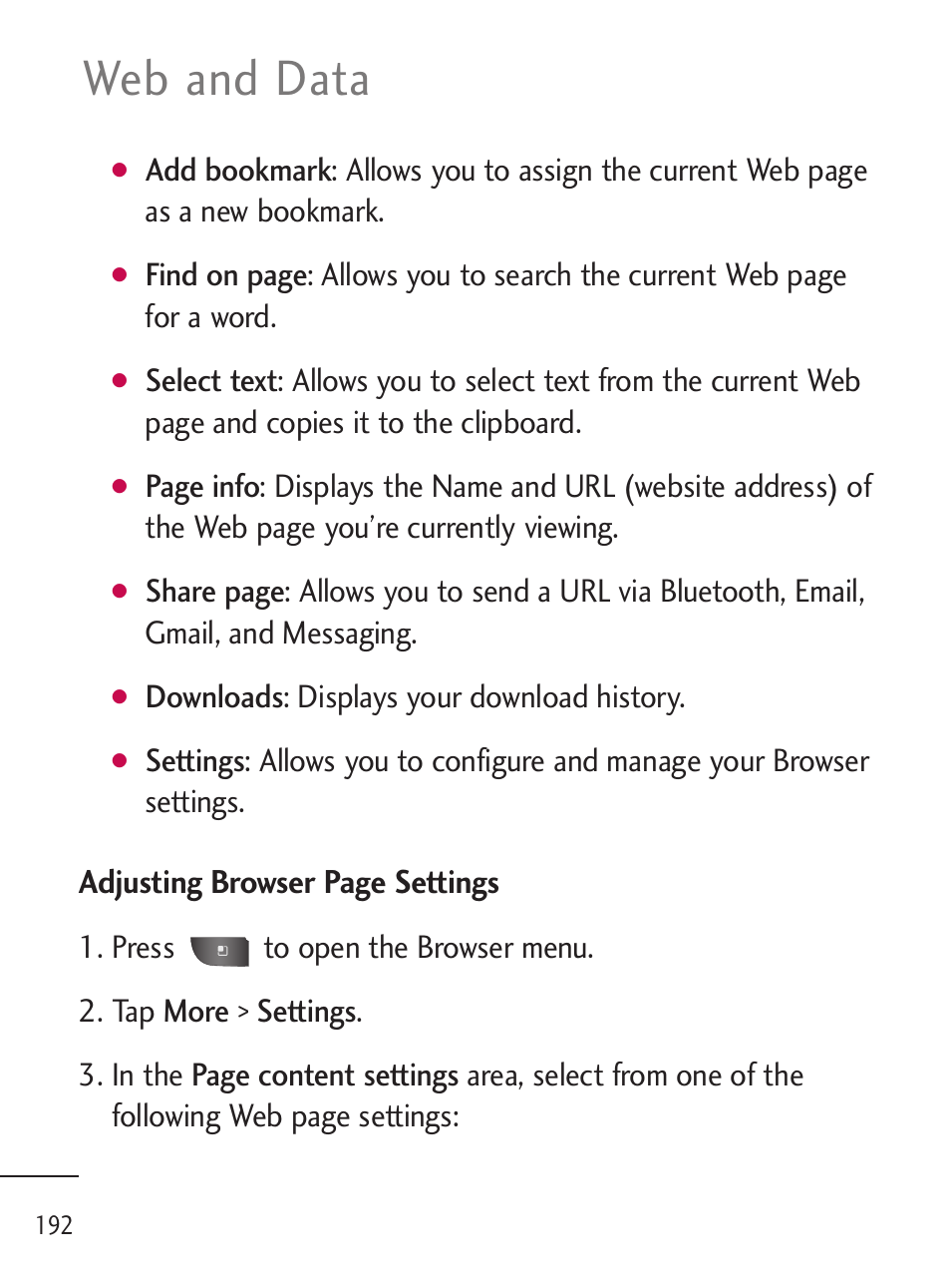 Web and data, Adjusting browser page settings | LG LGL45C User Manual | Page 194 / 546