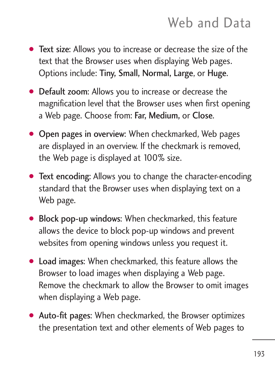 Web and data | LG LGL45C User Manual | Page 195 / 546