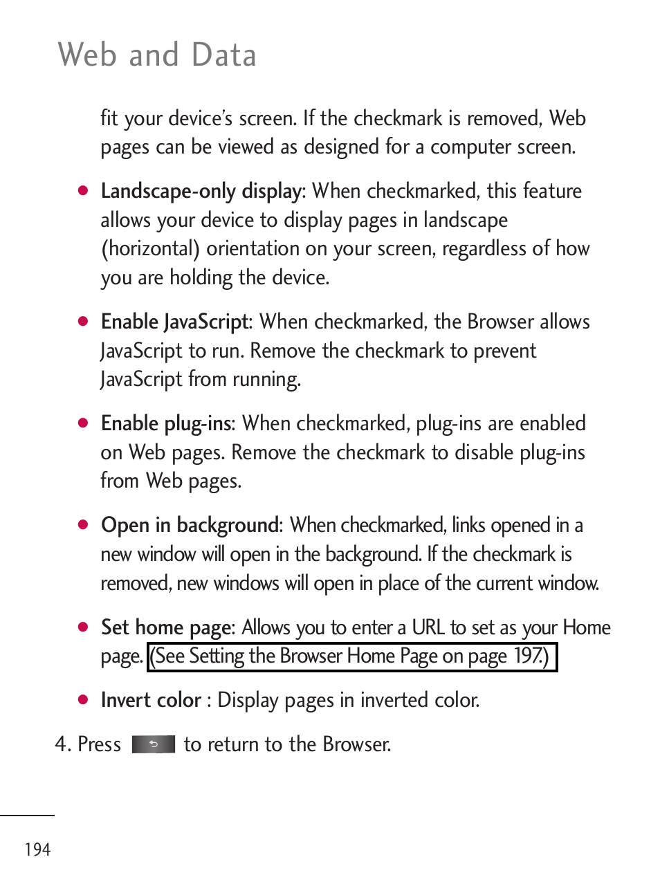 Web and data | LG LGL45C User Manual | Page 196 / 546