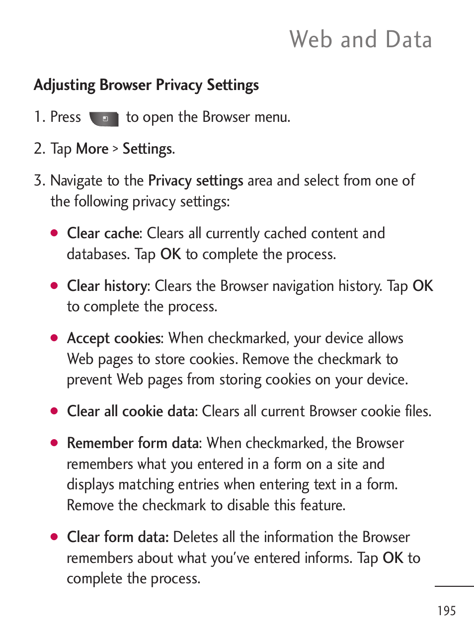 Web and data | LG LGL45C User Manual | Page 197 / 546