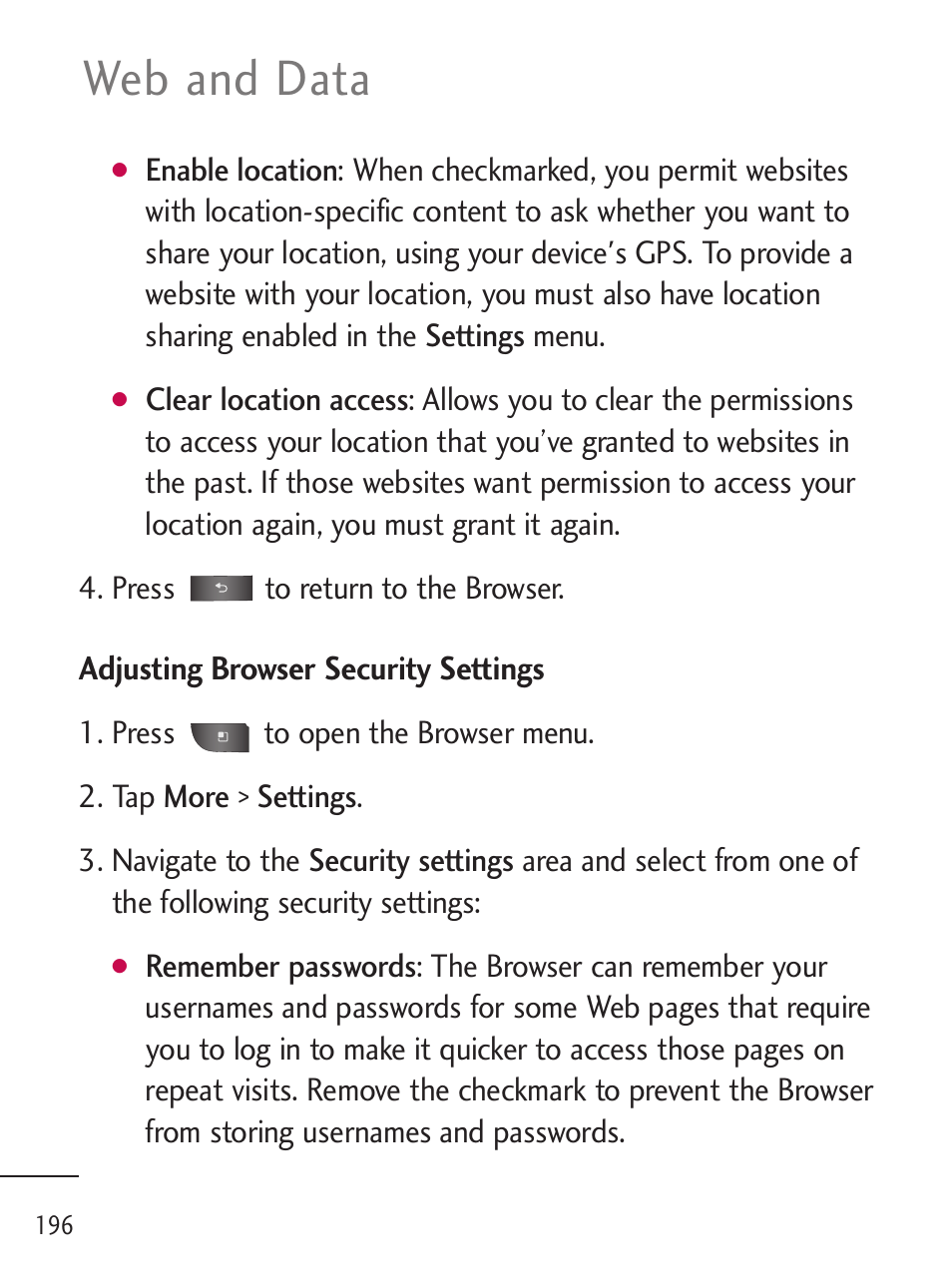 Web and data | LG LGL45C User Manual | Page 198 / 546