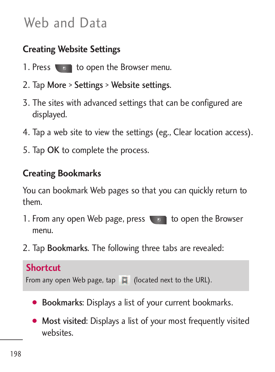 Web and data | LG LGL45C User Manual | Page 200 / 546
