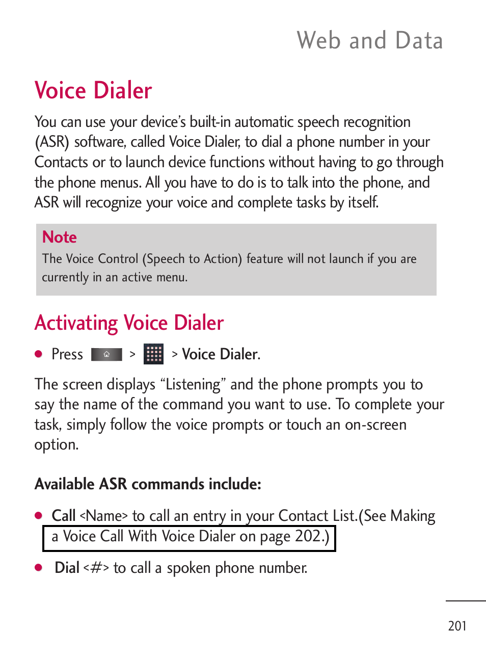 Voice dialer, Web and data, Activating voice dialer | LG LGL45C User Manual | Page 203 / 546