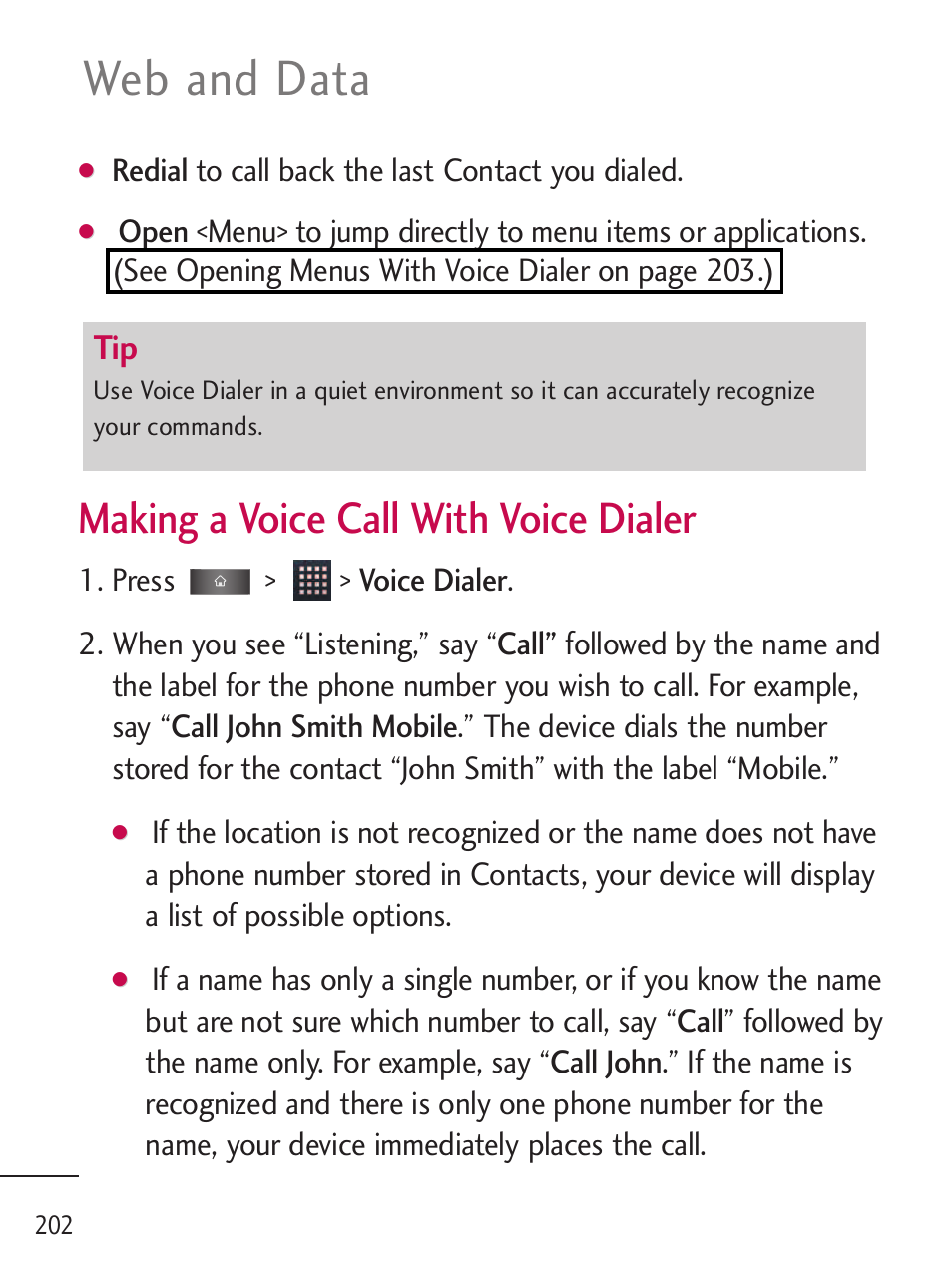 Web and data, Making a voice call with voice dialer | LG LGL45C User Manual | Page 204 / 546