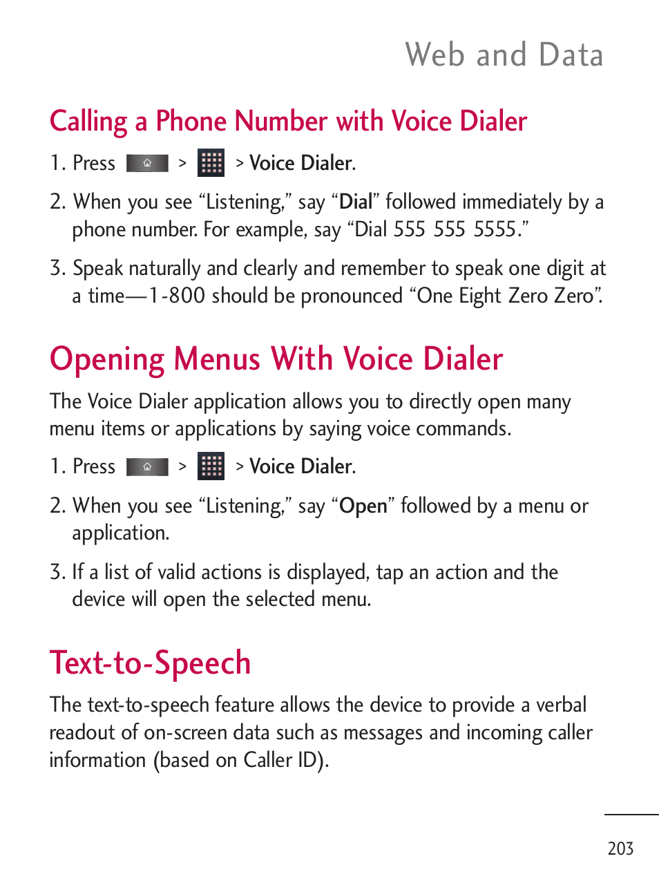 Opening menus with voice di, Text-to-speech, Opening menus with voice dialer | Web and data, Calling a phone number with voice dialer | LG LGL45C User Manual | Page 205 / 546