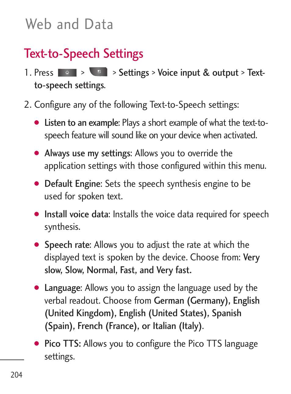 Web and data, Text-to-speech settings | LG LGL45C User Manual | Page 206 / 546