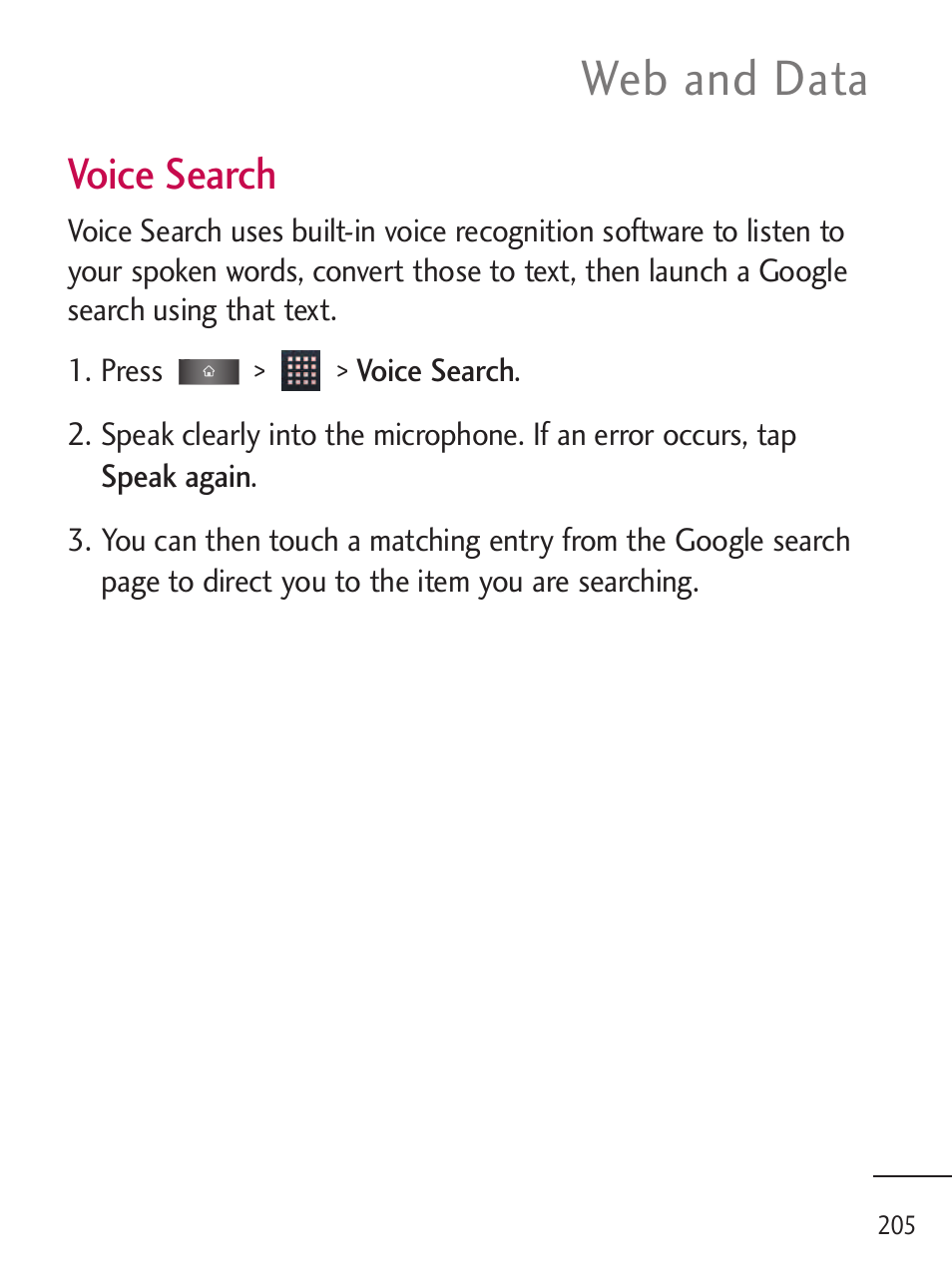 Web and data, Voice search | LG LGL45C User Manual | Page 207 / 546