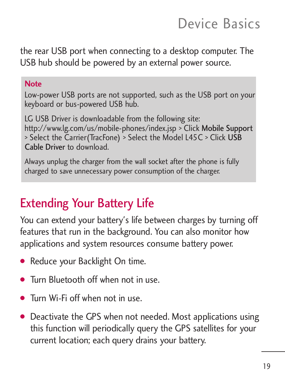 Device basics, Extending your battery life | LG LGL45C User Manual | Page 21 / 546