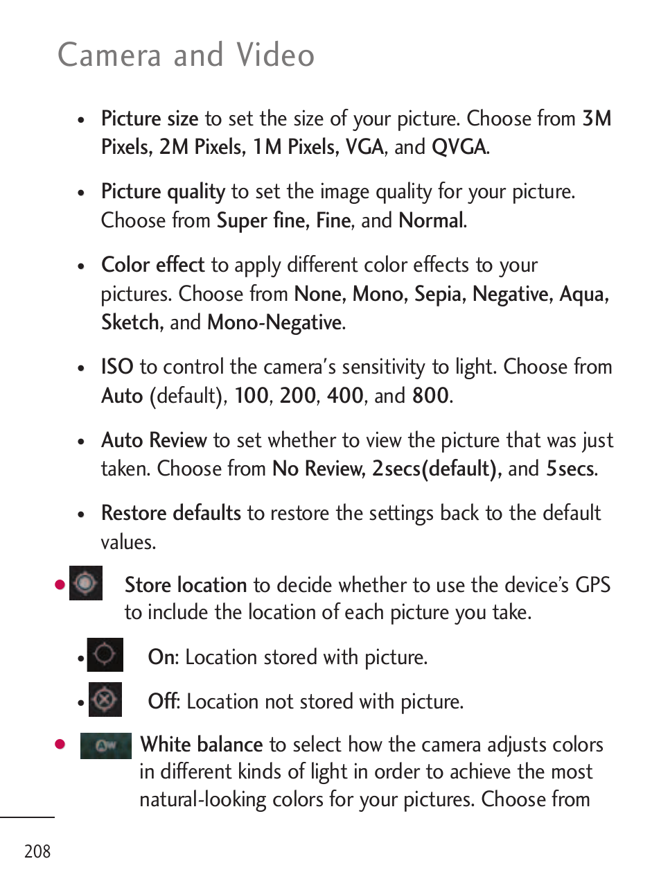 Camera and video, On: location stored with picture, Off: location not stored with picture | LG LGL45C User Manual | Page 210 / 546