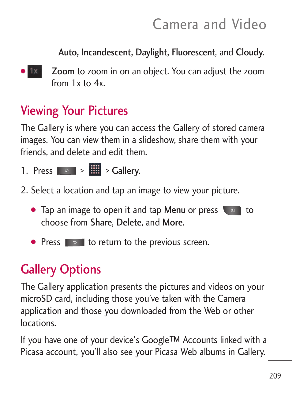 Camera and video, Viewing your pictures, Gallery options | LG LGL45C User Manual | Page 211 / 546