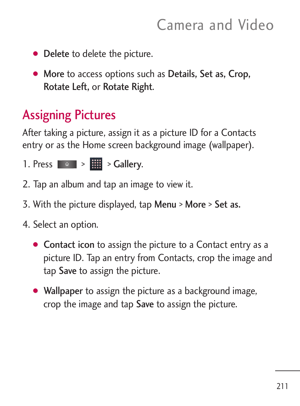 Camera and video, Assigning pictures | LG LGL45C User Manual | Page 213 / 546