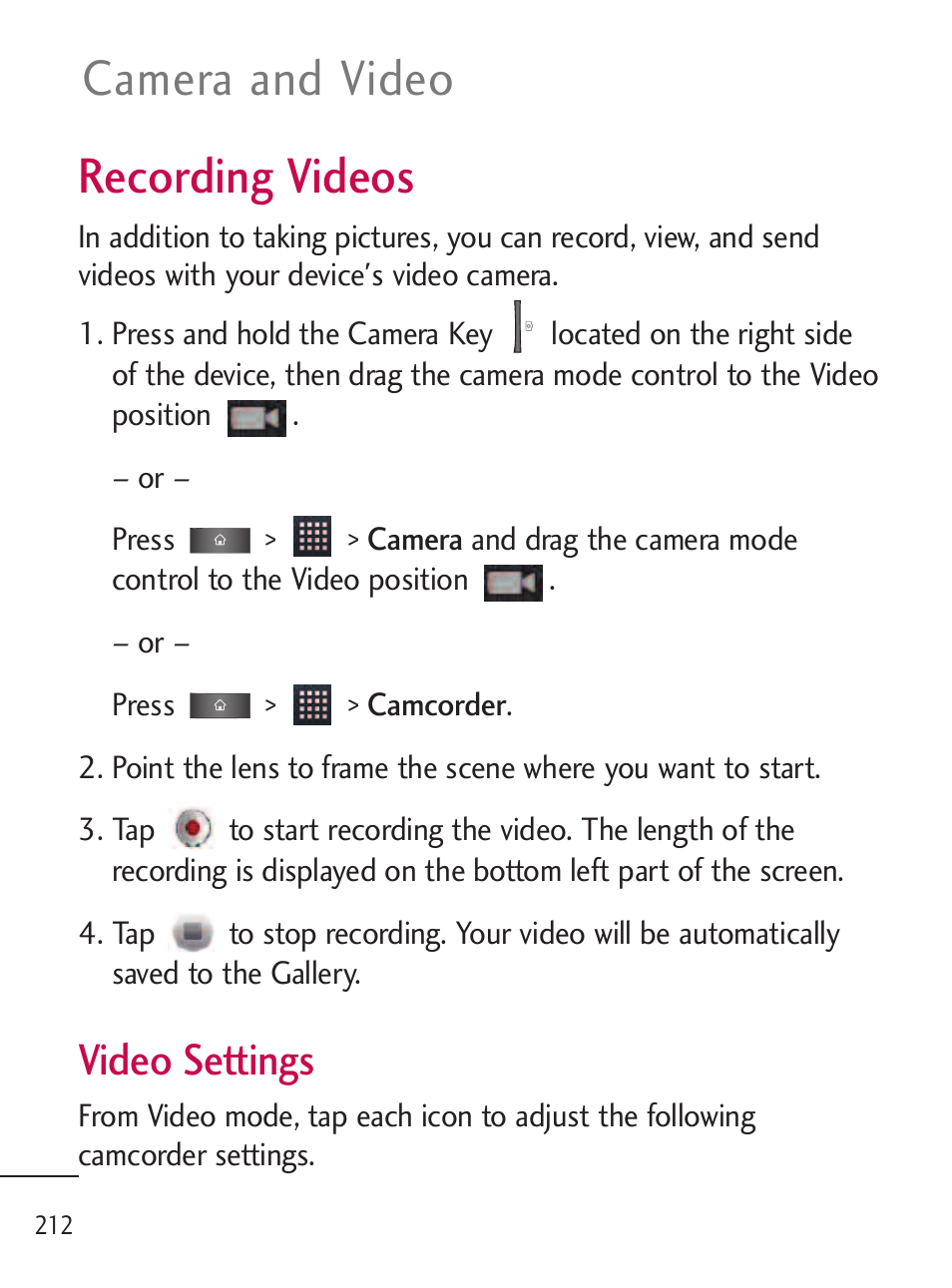 Recording videos, Camera and video, Video settings | LG LGL45C User Manual | Page 214 / 546