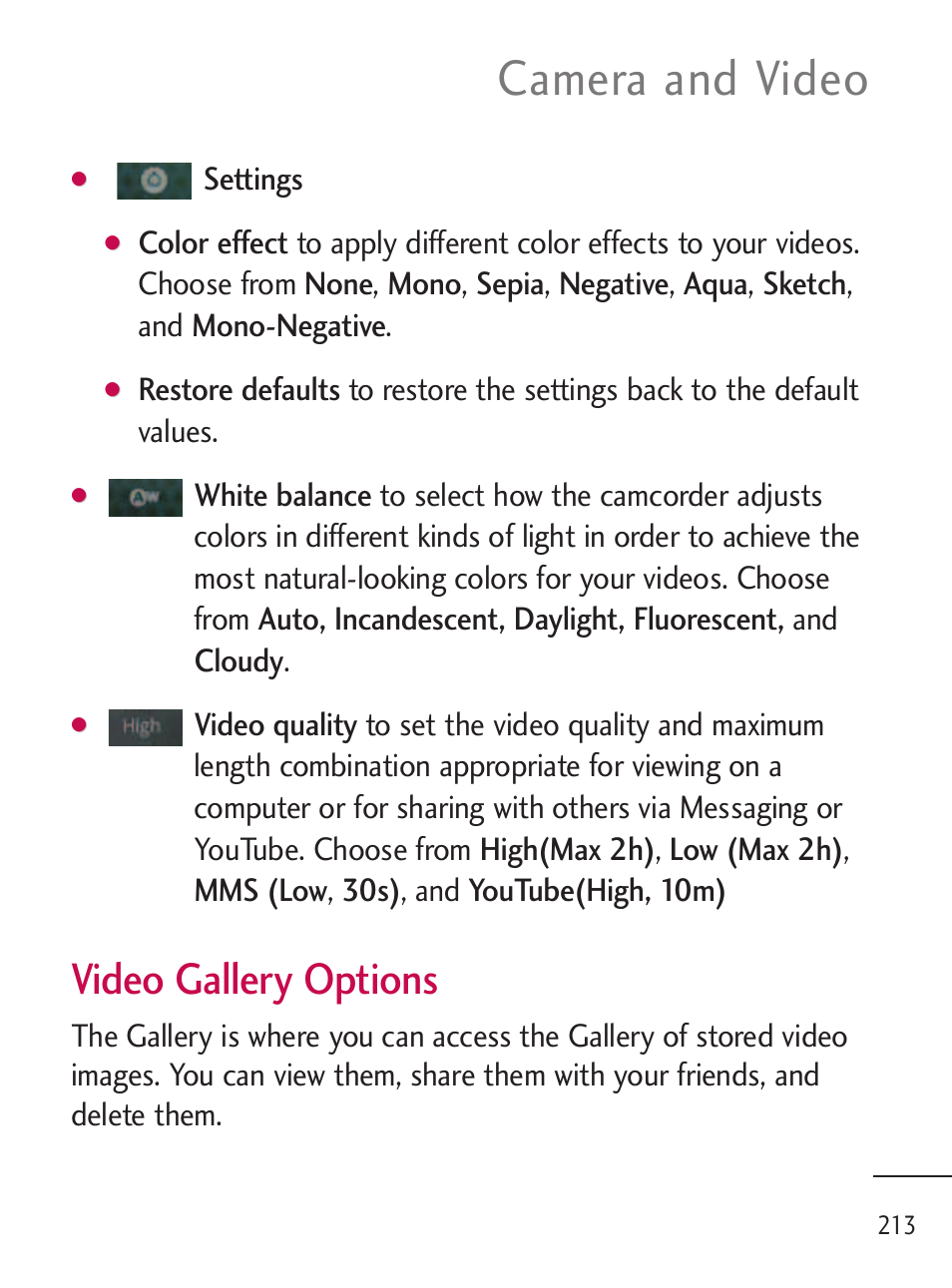 Camera and video, Video gallery options | LG LGL45C User Manual | Page 215 / 546