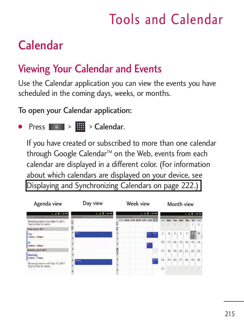 Tools and calendar, Calendar, Viewing your calendar and events | LG LGL45C User Manual | Page 217 / 546