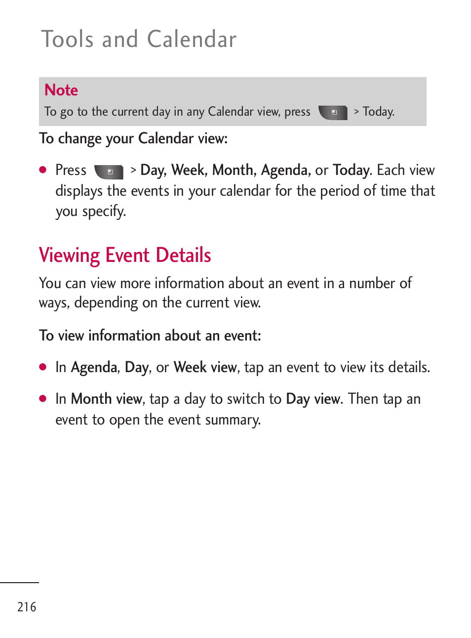 Tools and calendar, Viewing event details | LG LGL45C User Manual | Page 218 / 546