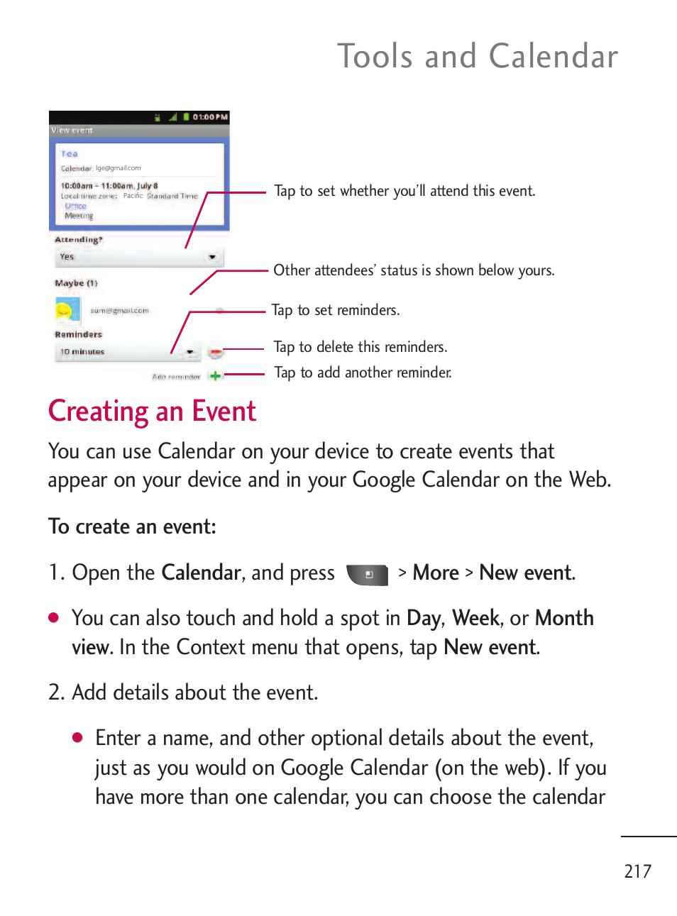 Tools and calendar, Creating an event | LG LGL45C User Manual | Page 219 / 546