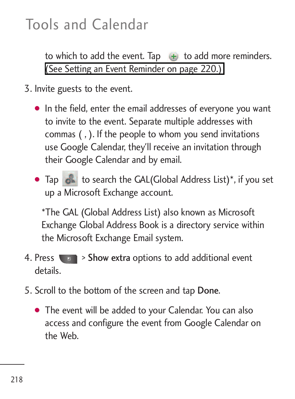 Tools and calendar | LG LGL45C User Manual | Page 220 / 546