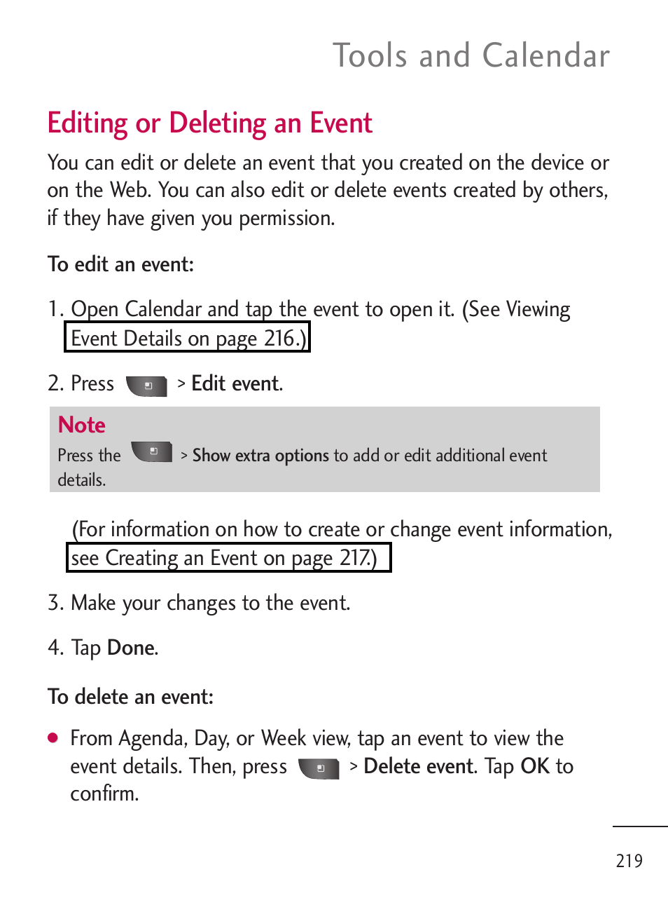 Tools and calendar, Editing or deleting an event | LG LGL45C User Manual | Page 221 / 546