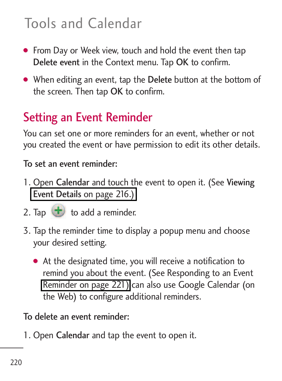 Tools and calendar, Setting an event reminder | LG LGL45C User Manual | Page 222 / 546