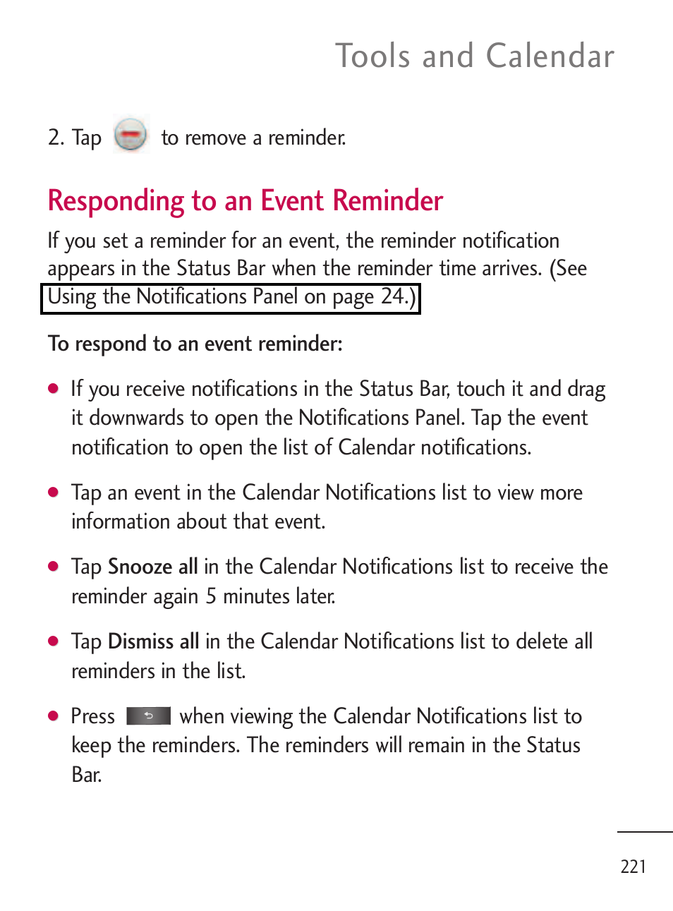 Tools and calendar, Responding to an event reminder | LG LGL45C User Manual | Page 223 / 546