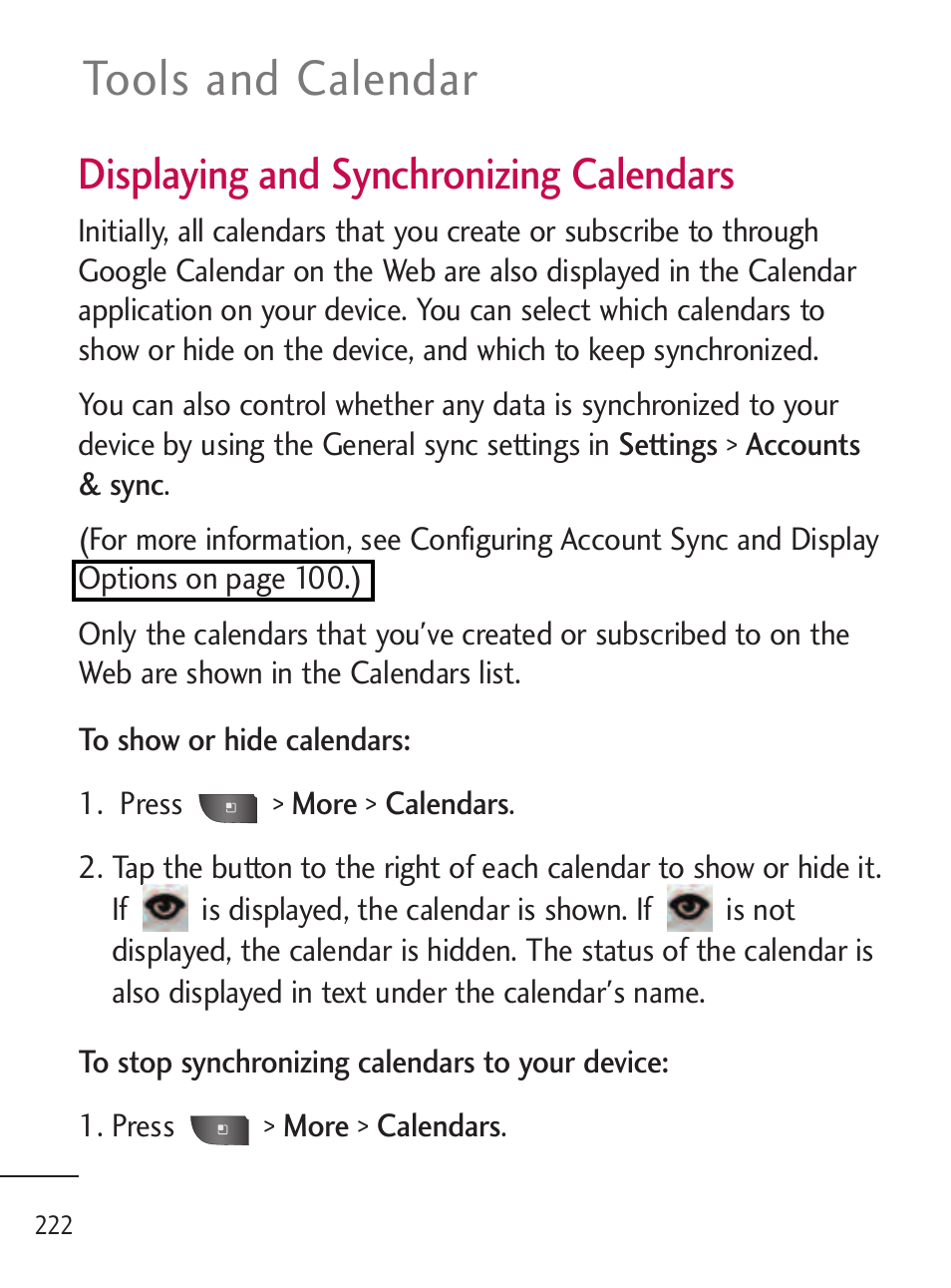 Tools and calendar, Displaying and synchronizing calendars | LG LGL45C User Manual | Page 224 / 546