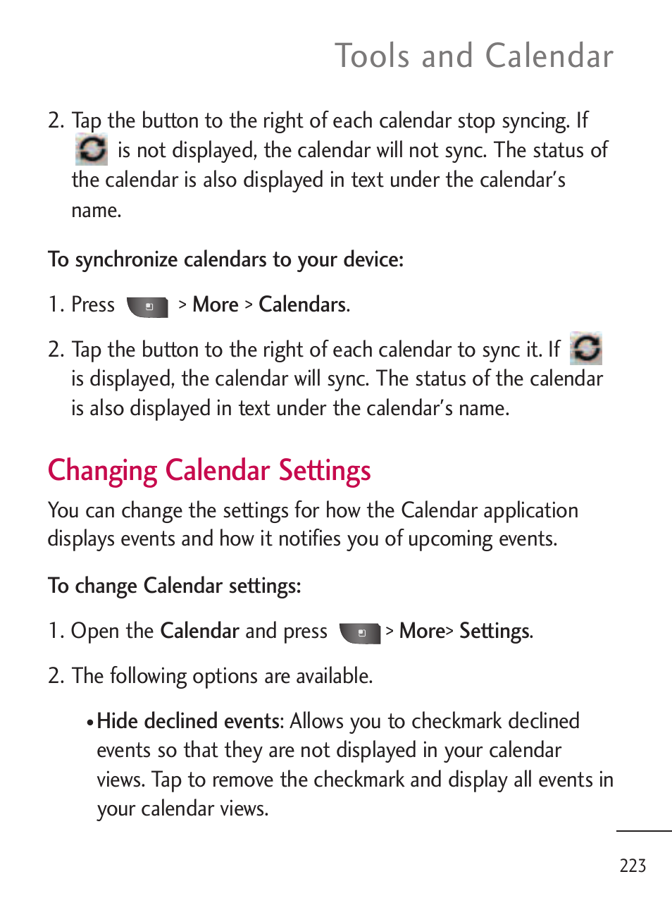 Tools and calendar, Changing calendar settings | LG LGL45C User Manual | Page 225 / 546