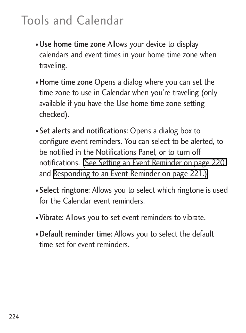 Tools and calendar | LG LGL45C User Manual | Page 226 / 546