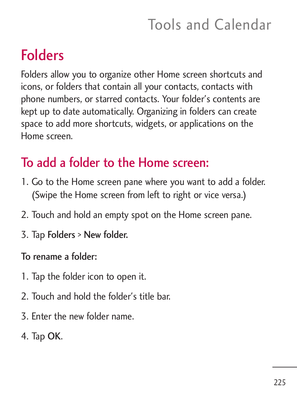 Folders, Tools and calendar | LG LGL45C User Manual | Page 227 / 546