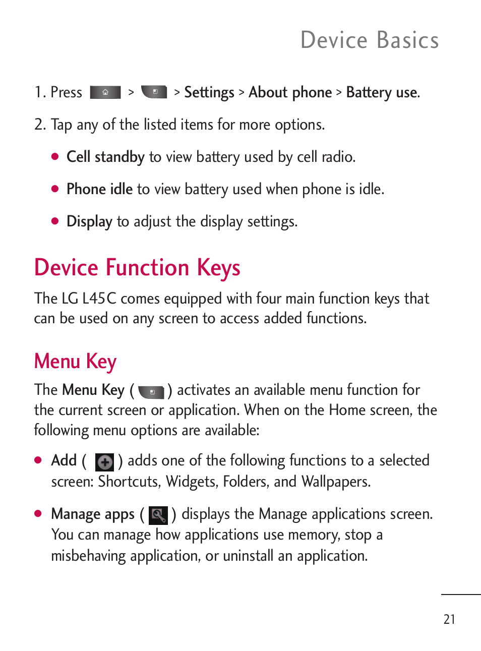 Device function keys, Device basics, Menu key | LG LGL45C User Manual | Page 23 / 546